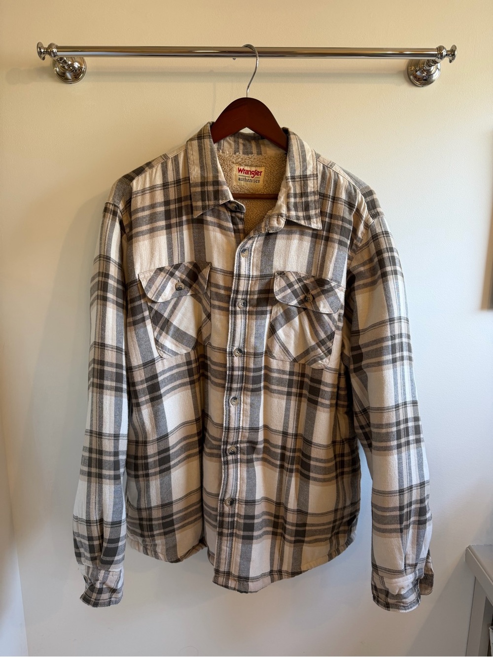Wrangler Cream and Brown Plaid Button-Up Flannel Shirt w/Warm Furry Lining